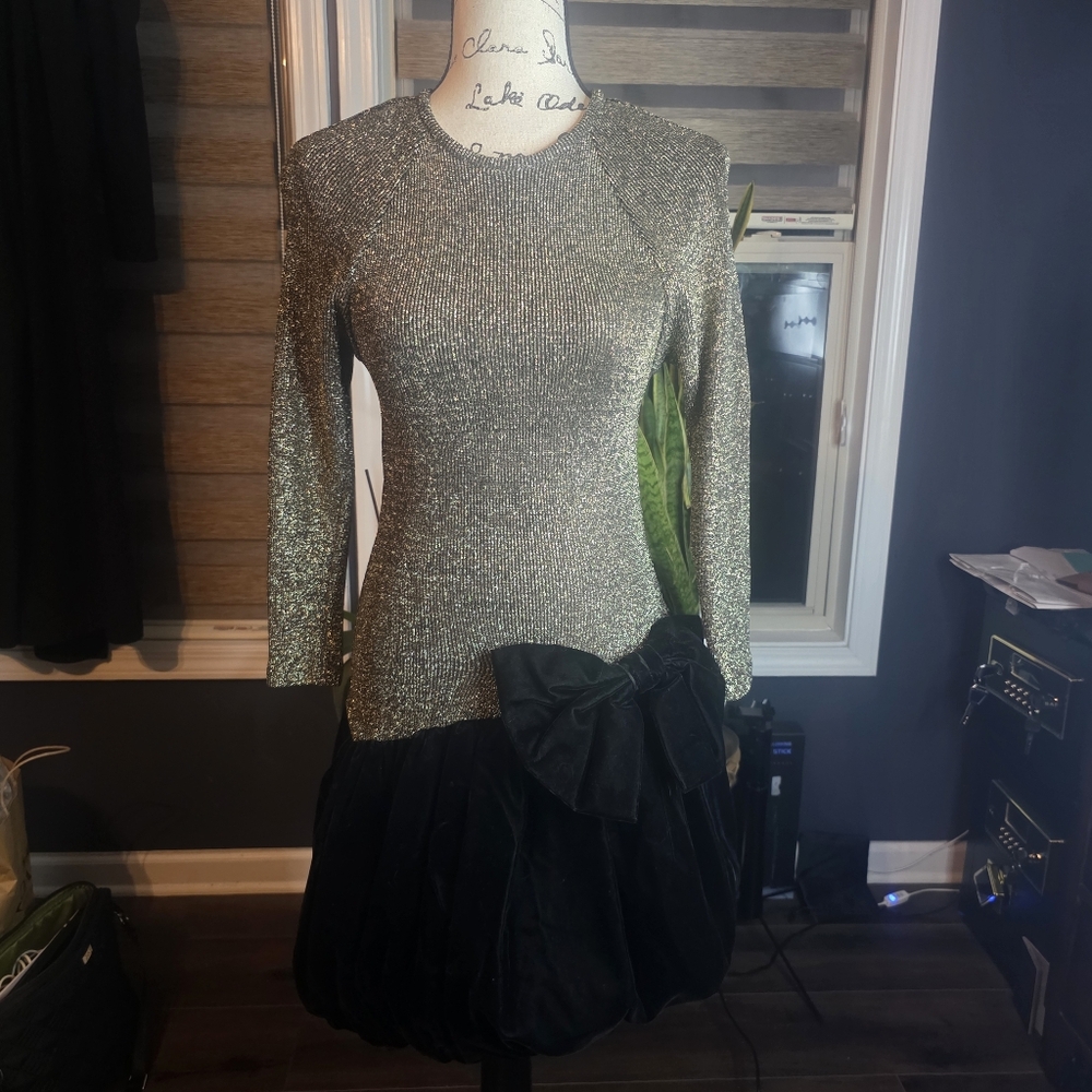 vtg 80s Gold And Black mini dress sz 4 metallic bubble hem - Picture 4 of 16